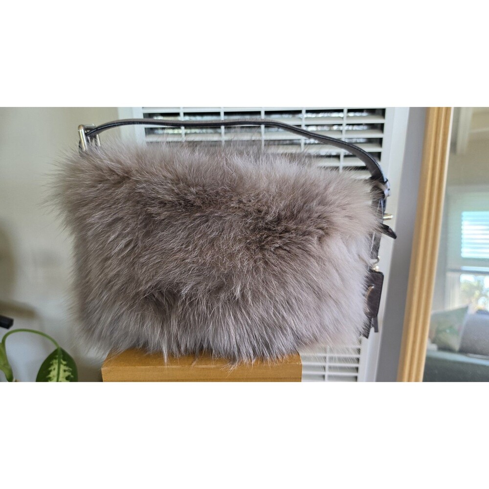 VTG Castellari Milano Italy Genuine Fox Fur Leather Handbag Gray Y2K Luxury - Picture 11 of 16